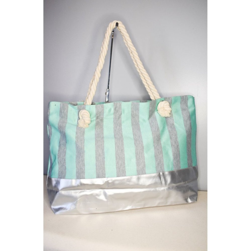 Striped Canvas Tote - Teal and Grey